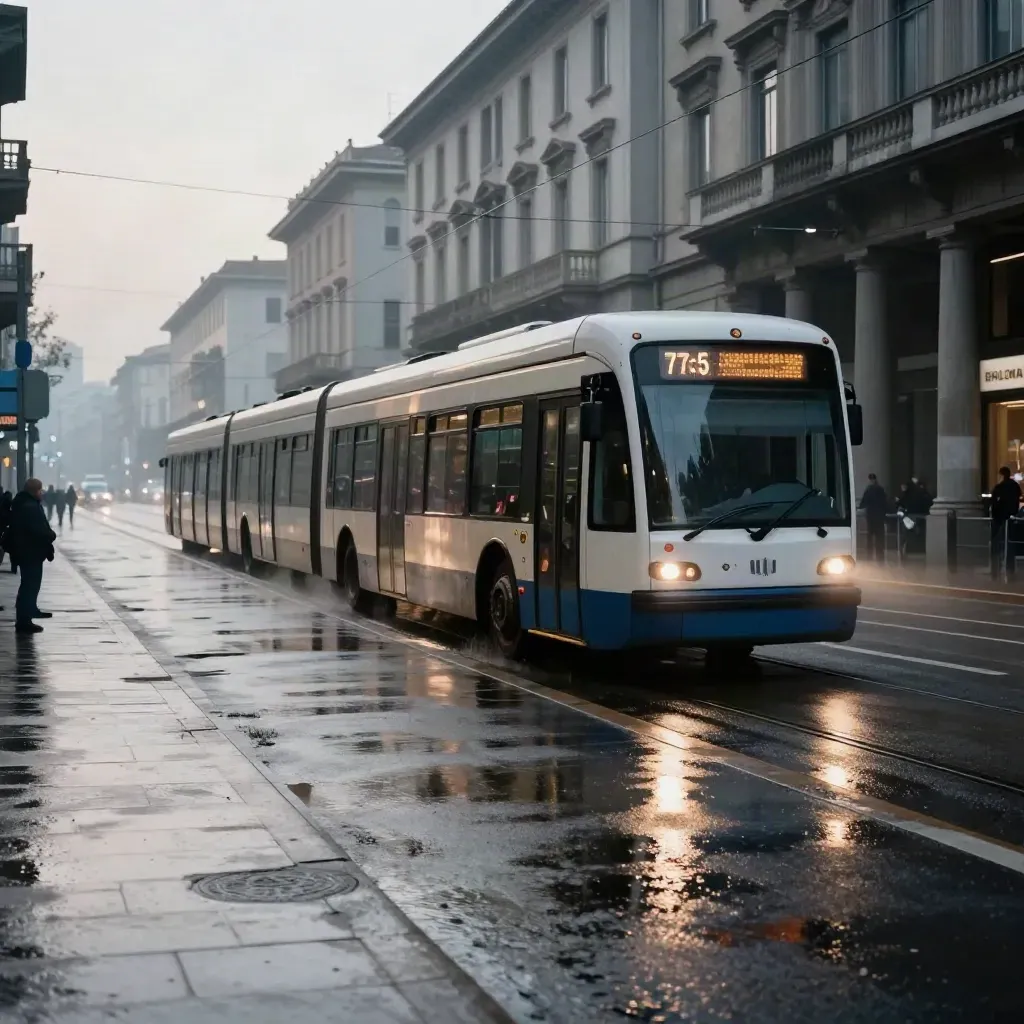 Autobus articolato e tram a Milano all’alba, asfalto bagnato e ingresso metro dopo il temporale.