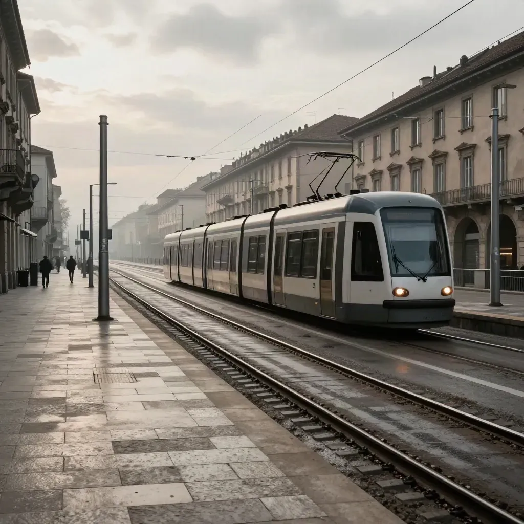 Tram e treno regionale si incrociano a Torino in una scena urbana dinamica e nuvolosa.