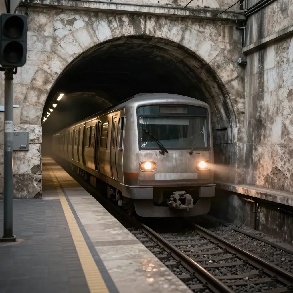 Convoglio della metro di Roma che esce dal tunnel nella stazione sotterranea, luce arancio e polvere.
