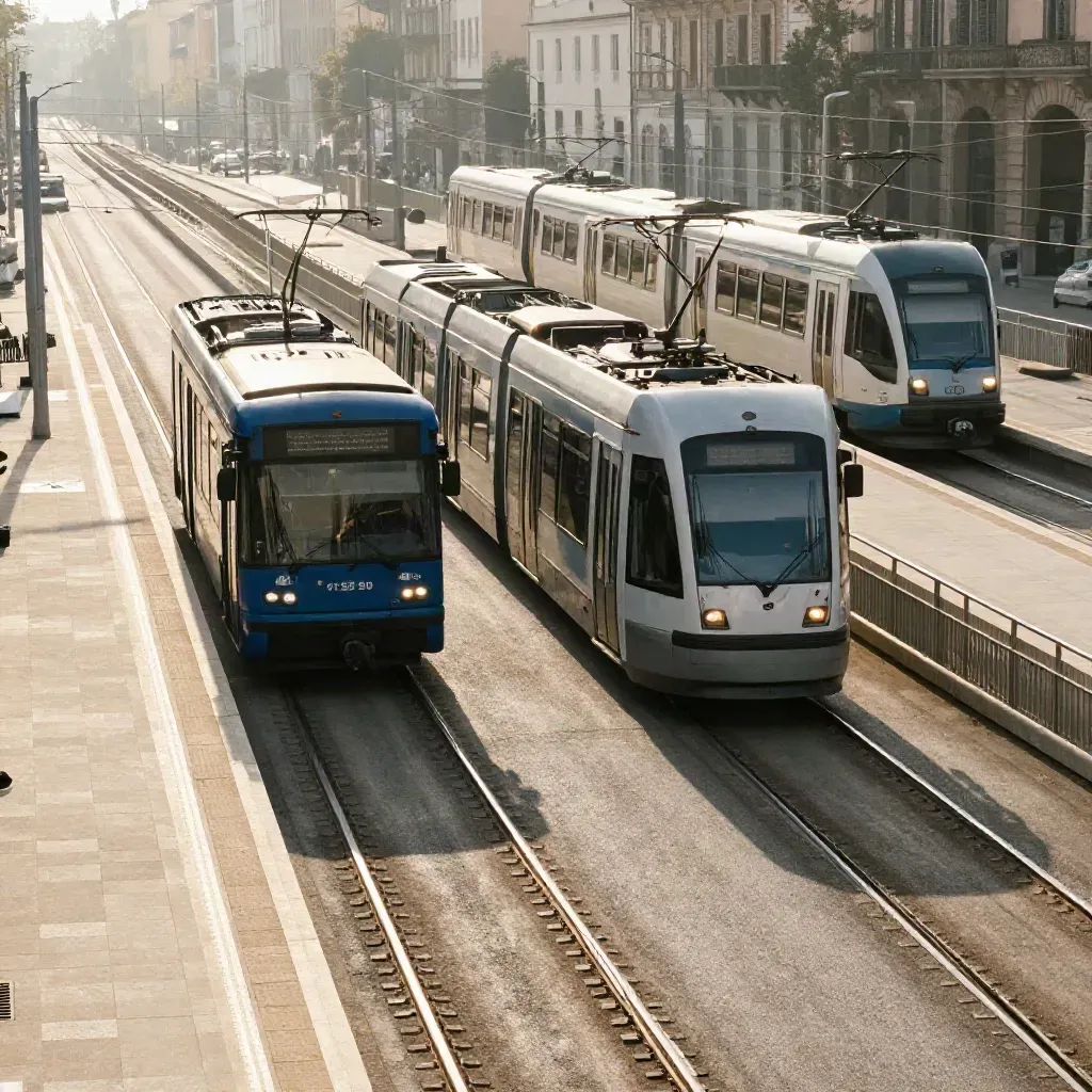 Bus, tram e treno suburbano arrivano insieme in un nodo italiano, luce calda del pomeriggio.