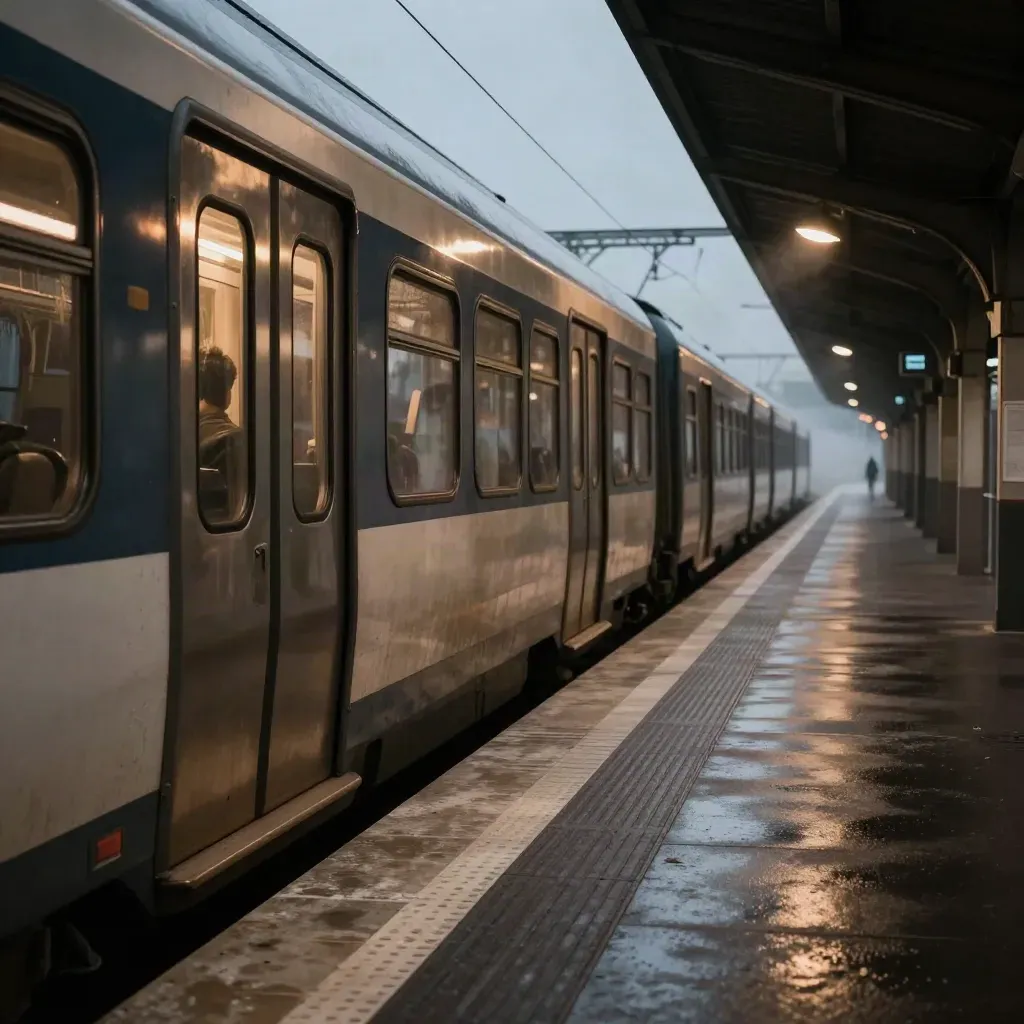 Treno fermo in stazione quasi vuota, luci di servizio accese e banchina nel silenzio.