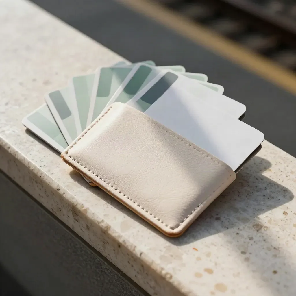 Carte contactless e portatessere in pelle chiara su travertino, luce radente