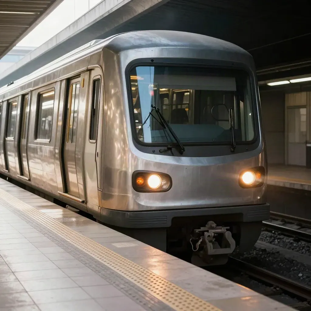 Treno della metro di Roma che entra in banchina tra polvere e luce arancio.