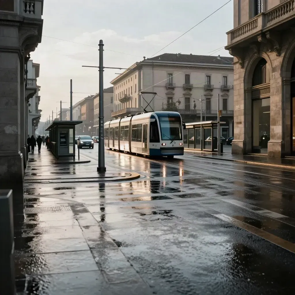 Tram e autobus a un incrocio milanese bagnato, con facciate urbane sullo sfondo.