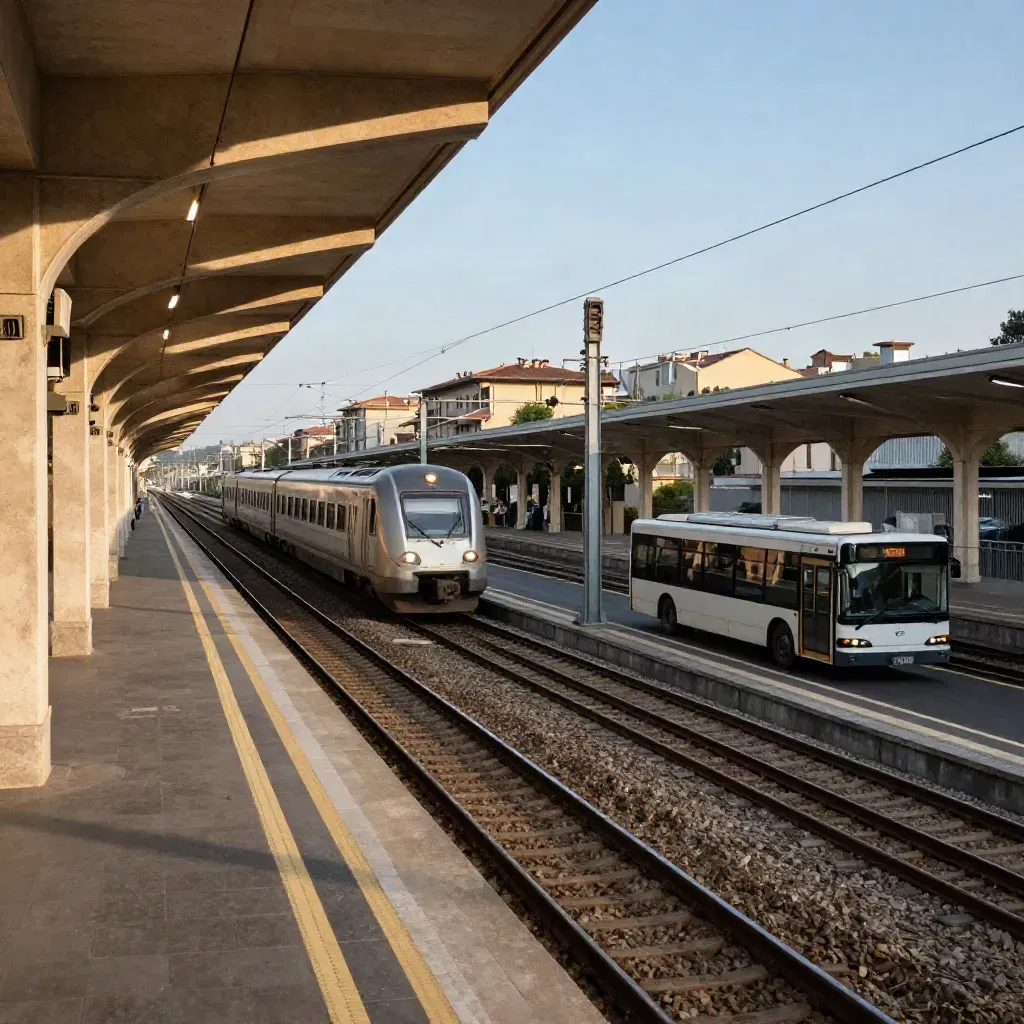 Vista dall’alto di un nodo ferroviario italiano con treno regionale e navetta bus.