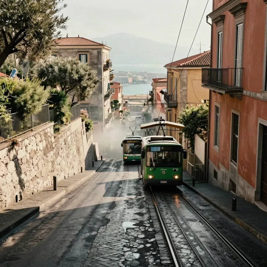 Funicolare e autobus in salita a Napoli con curve urbane e costa umida nel fondo