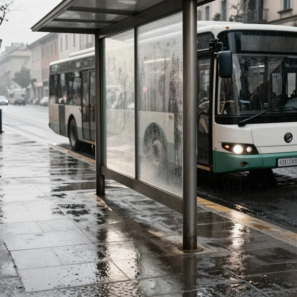 Bus che frena alla fermata sotto la pioggia, con riflessi sull’asfalto bagnato.