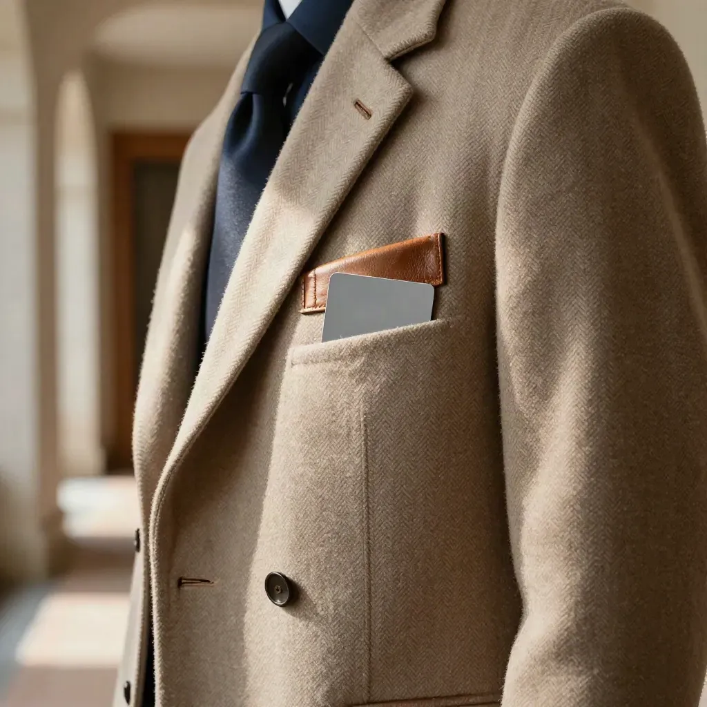 Tasca di cappotto in lana con tessera contactless che spunta, luce calda e sfondo sfocato.