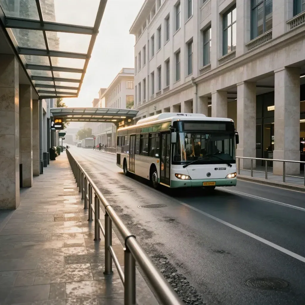 Navetta urbana in corsia verso l’aeroporto tra architetture e luci serali.