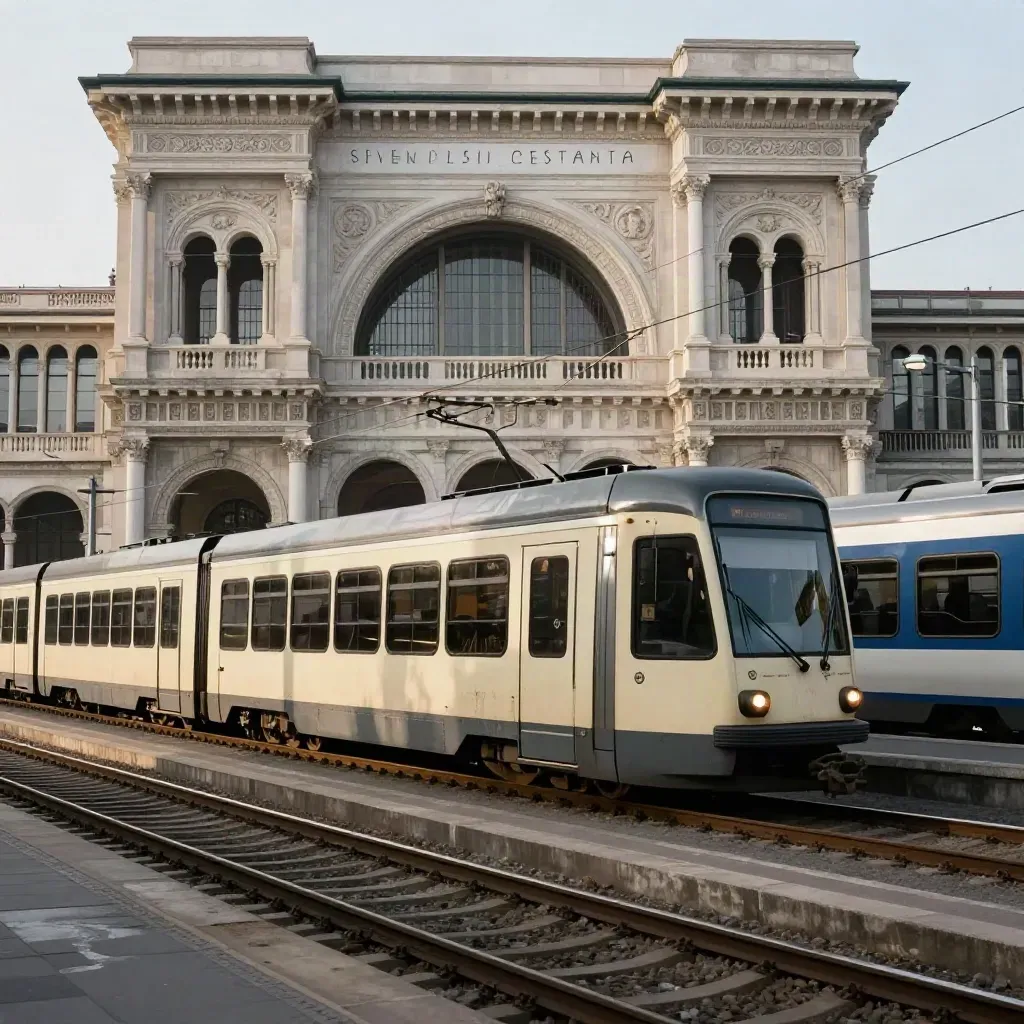 Stazione Centrale di Milano con tram diagonale e treno regionale in uscita, luce fredda e piazzale