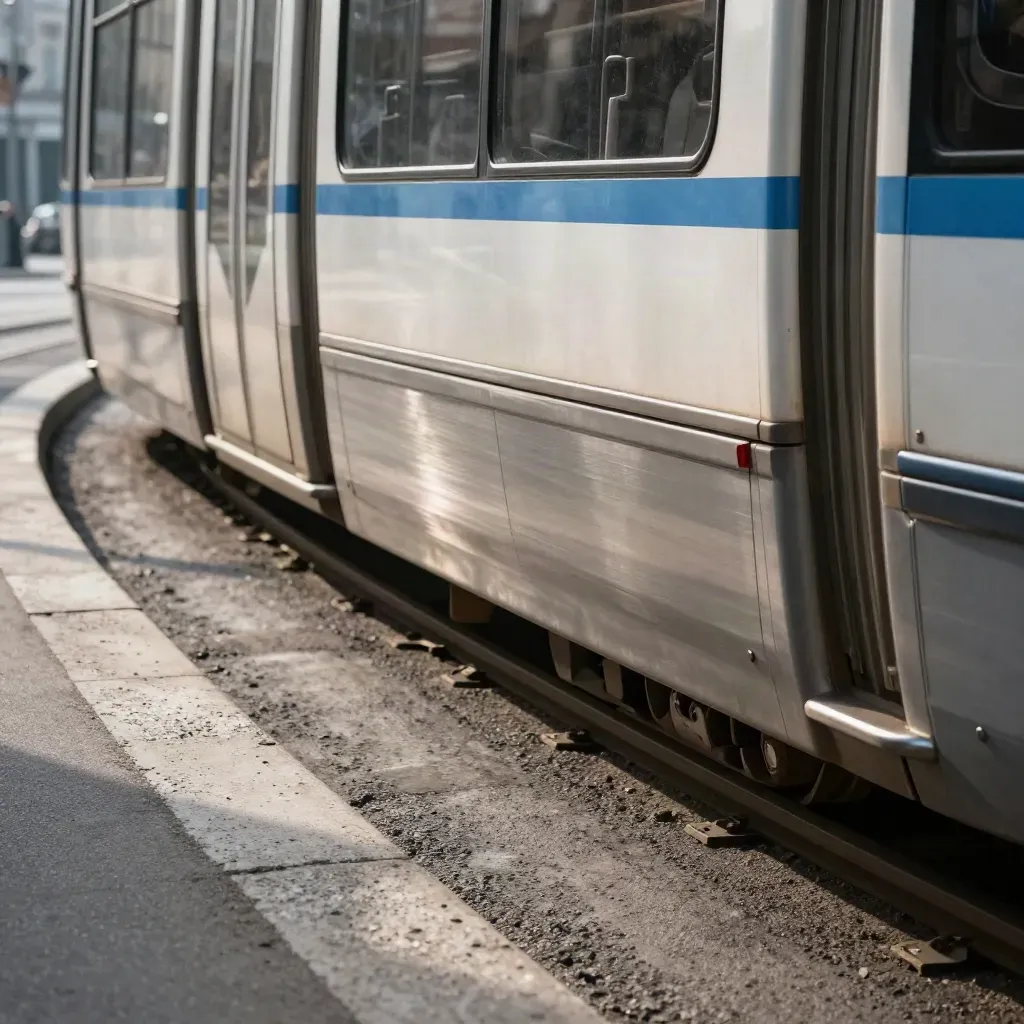 Tram torinese in curva, dettagli di rotaie e movimento urbano.