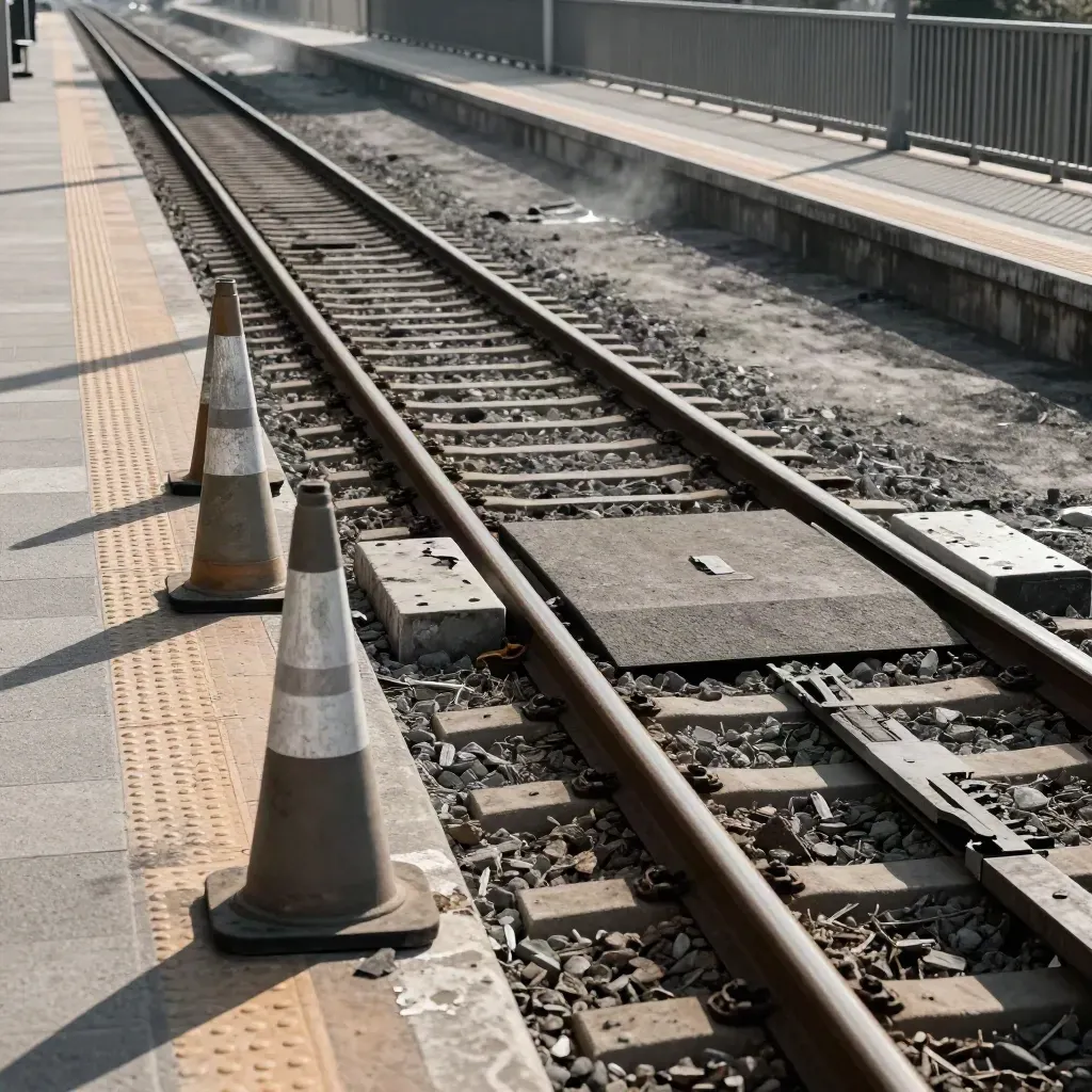 Bivio ferroviario con corsia deviata e coni arancio su banchina vuota vista da mezzanino.