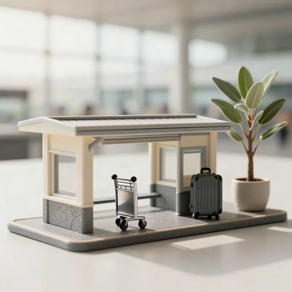 Miniatura di stazione con carrellino bagagli e pianta alta su sfondo chiaro